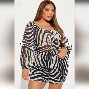 Zebra Print Sheer Blouse and Shorts Set NWT